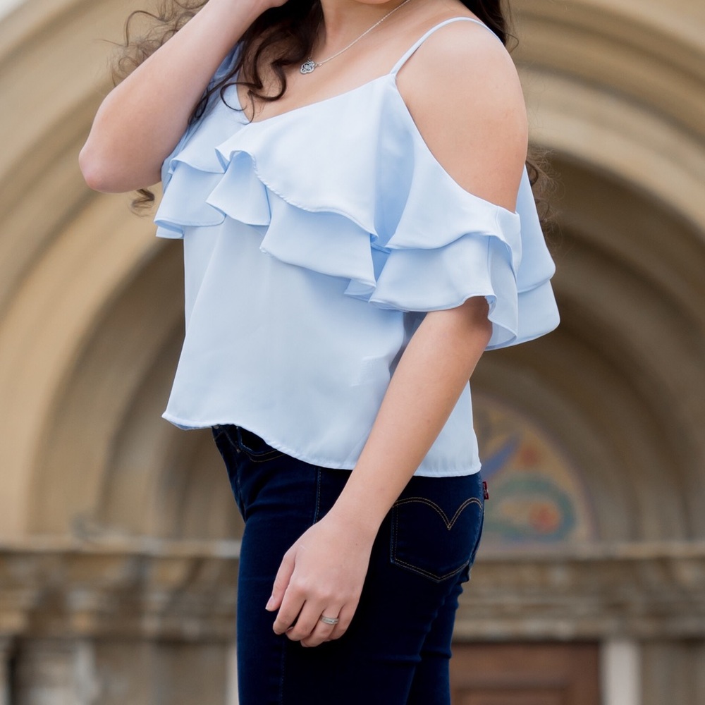 Light Blue Ruffled Off-The-Shoulder Top
